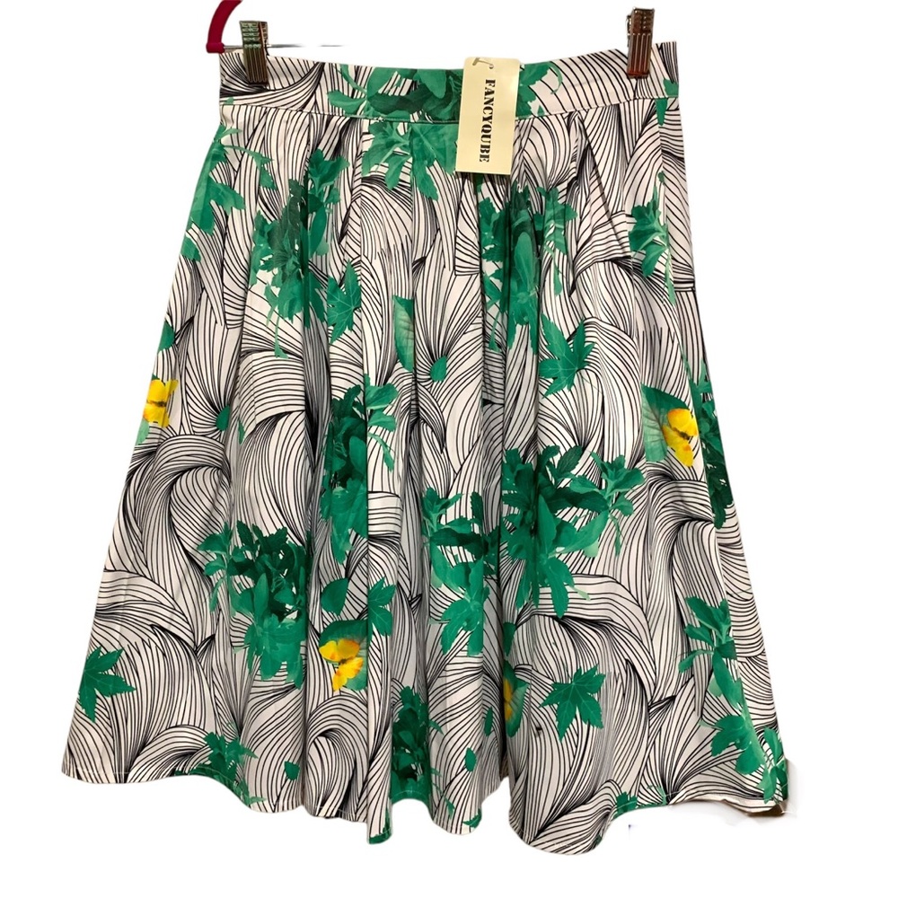 Retro Swing Full Pleated Skirt Butterflies Fresh Herbs Med NWT